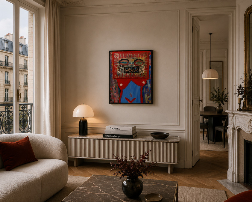 Une toile rouge au-dessus d’un buffet